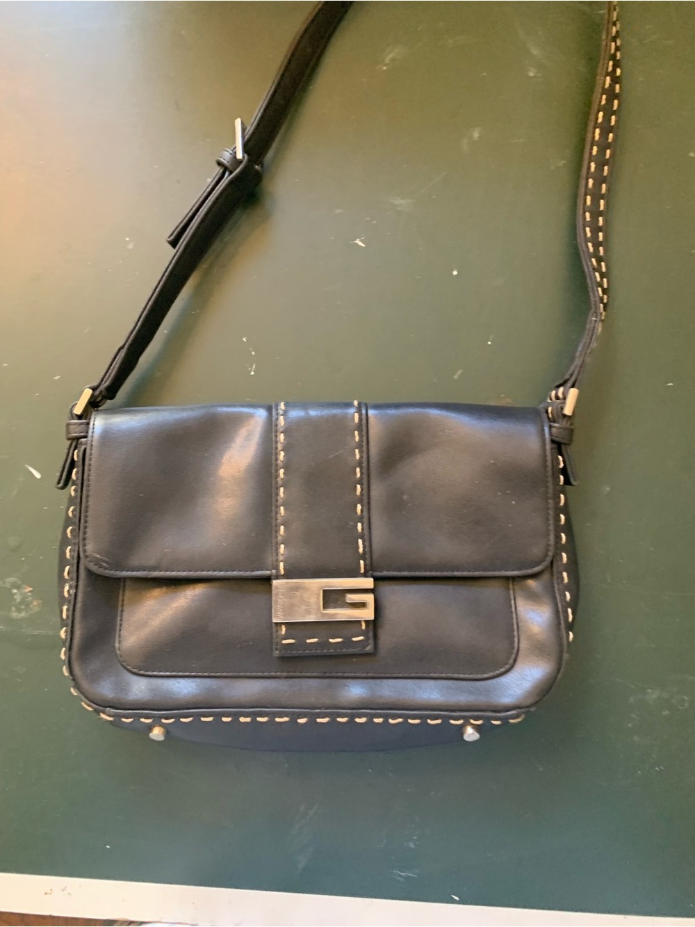 Guess Black Leather Crossbody with Contrast Stitching and G Logo Clasp